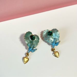 Vintage retro bird gemstone heart charm earrings